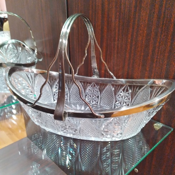 Crystal Boat Bowl Bucket with Metal Rim and Handle Circa 1900